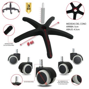 KIT PARA SILLA DE OFICINA BASE NYLON Y RUEDAS DE GOMA