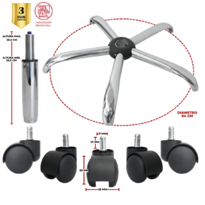 KIT PARA SILLA DE OFICINA BASE CROMO Y RUEDAS NYLON 50 MM
