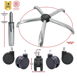 KIT PARA SILLA DE OFICINA BASE CROMO Y RUEDAS DE GOMA 65MM