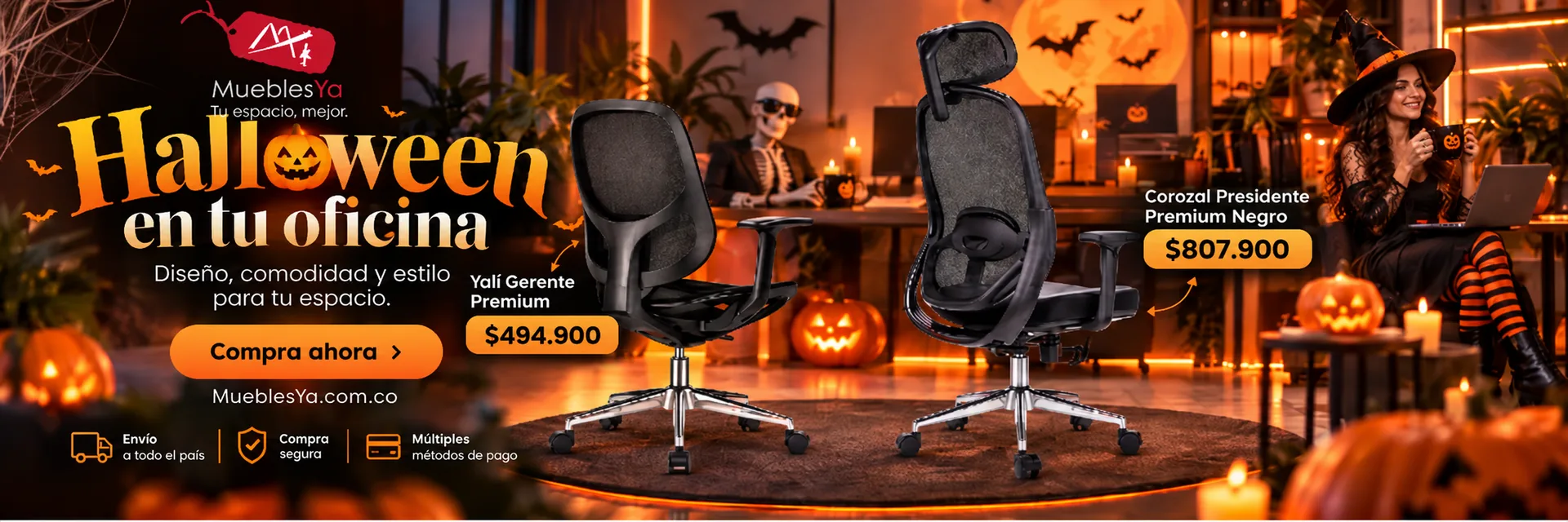 Halloween en tu oficina: silla Yalí Gerente Premium $494.900 y Corozal Presidente Premium $807.900 en MueblesYa